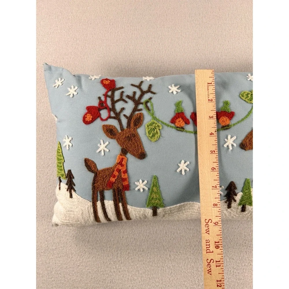 VTG Pier 1 Christmas Reindeer Lumbar Throw Pillow Embroidered Blue
